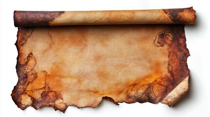 Textured aged parchment paper with dye stains and curled edges providing ample copyspace for creative text placement.