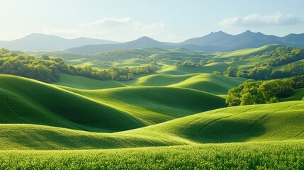 Rolling green hills, sunrise, mountain backdrop, nature scene, travel