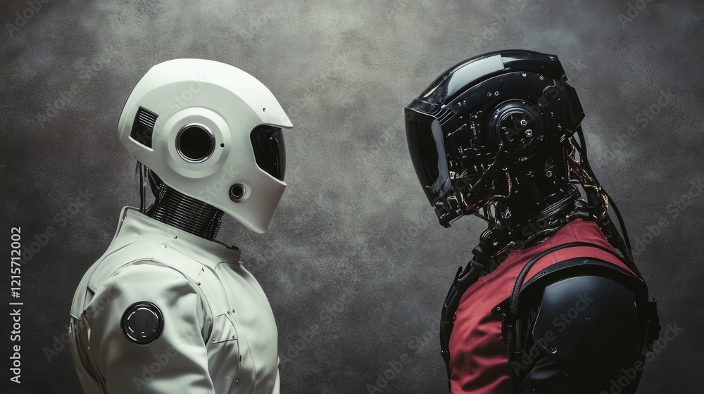 Poster ai and hackers in futuristic gear facing off with space for text placement on a dark background