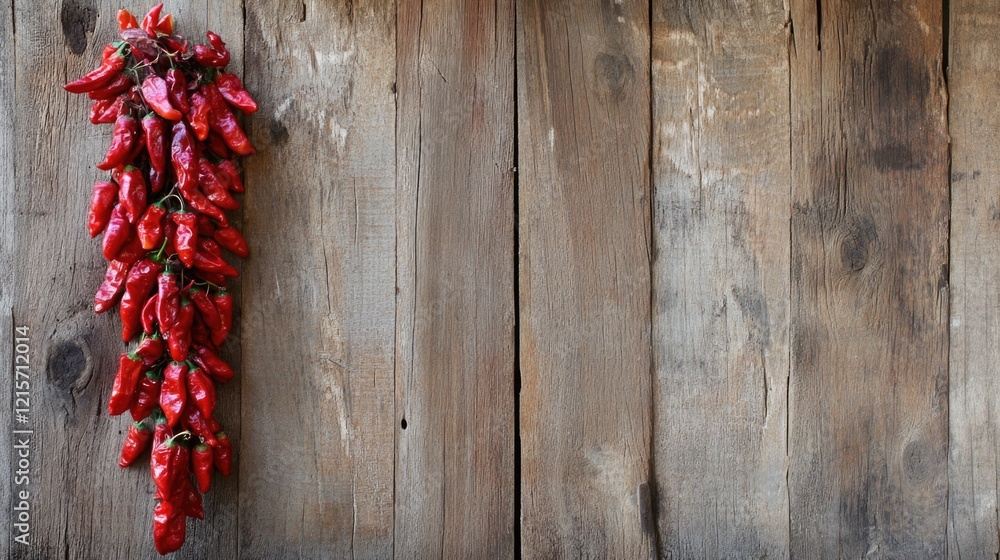 Poster hanging red chilies on rustic wooden background with copy space for text