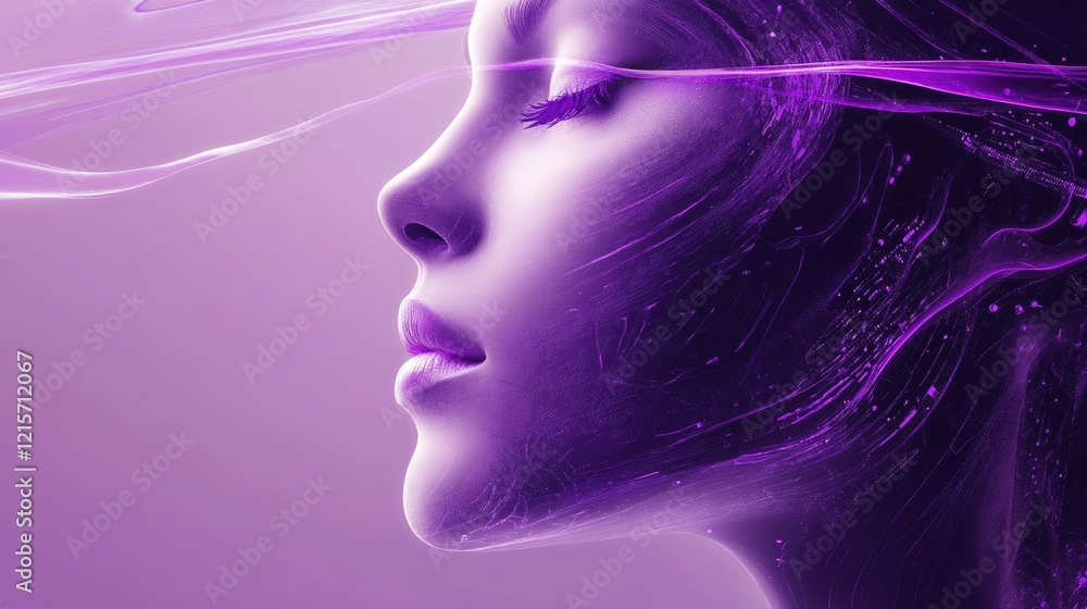 Poster futuristic surreal portrait in purple tones with abstract elements and copyspace for text placement