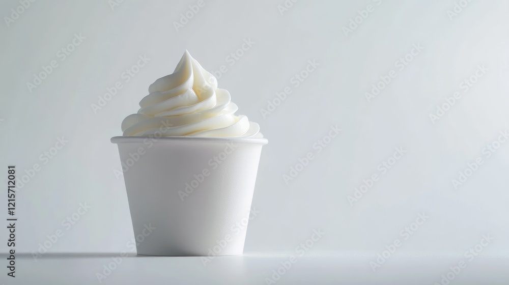 Poster white soft serve ice cream in a plain white cup on a minimalist background with copy space for text 