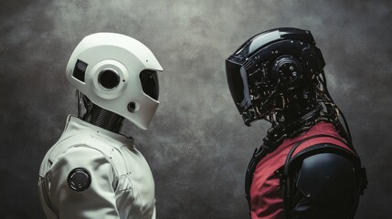 AI and Hackers in Futuristic Gear Facing Off with Space for Text Placement on a Dark Background