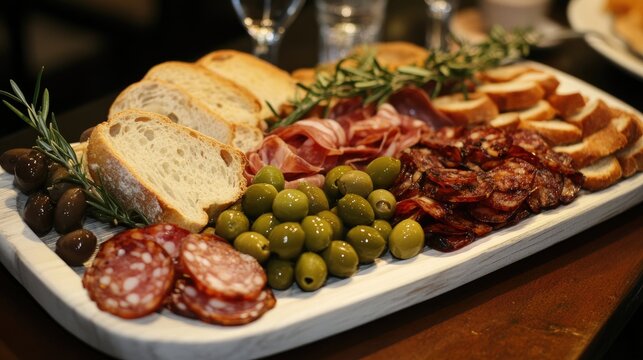 Assorted tapas platter featuring olives, cured meats, artisanal bread, and fresh herbs for gourmet dining experience