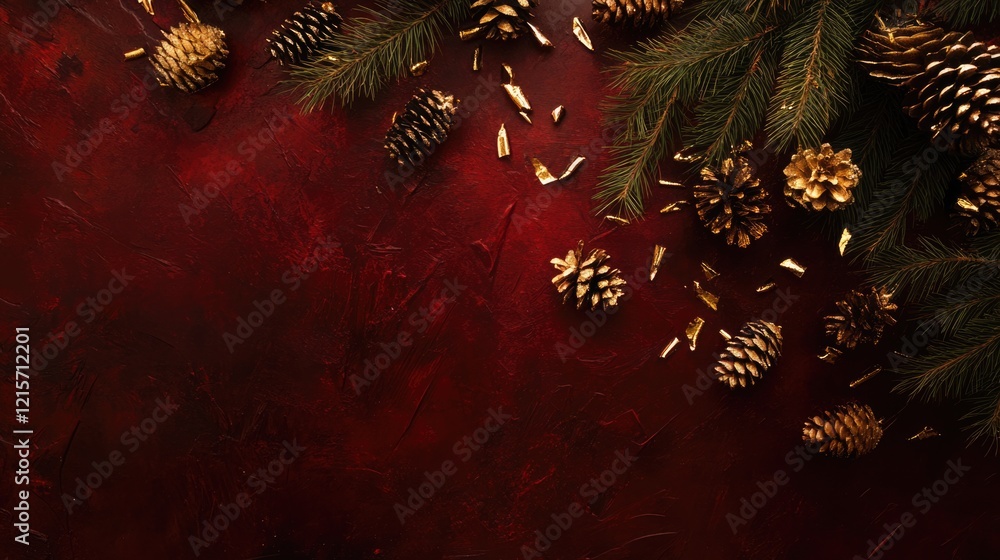 Aufkleber red rustic background with pine branches and various pine cones scattered on surface, featuring gold