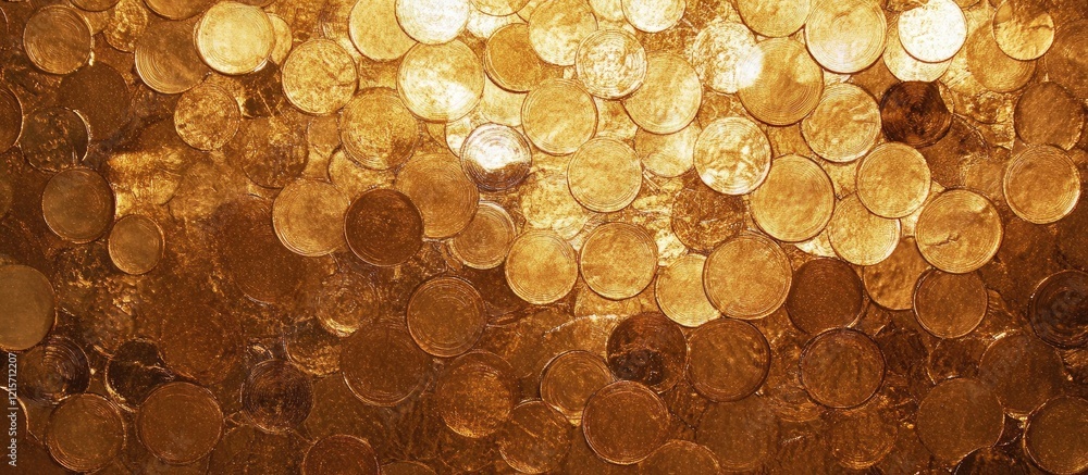Poster golden coins background with soft focus and bokeh effect featuring a rich texture and copy space for