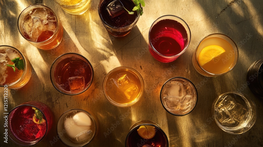 Poster assorted refreshing tea beverages in glasses displayed from an overhead perspective with colorful ga
