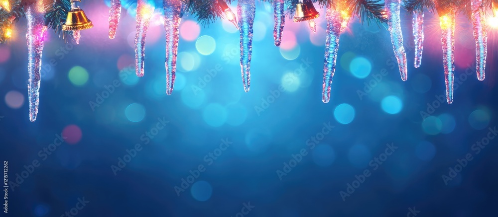 Poster colorful holiday lights with icicles on a blue bokeh background featuring ample copy space for text 