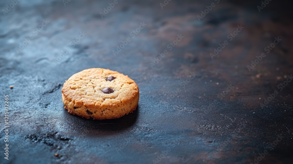Poster chocolate chip cookie on dark textured surface with copy space for text placement.