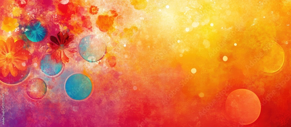 Poster colorful abstract background with floral elements and circular shapes, vibrant gradient with copy sp