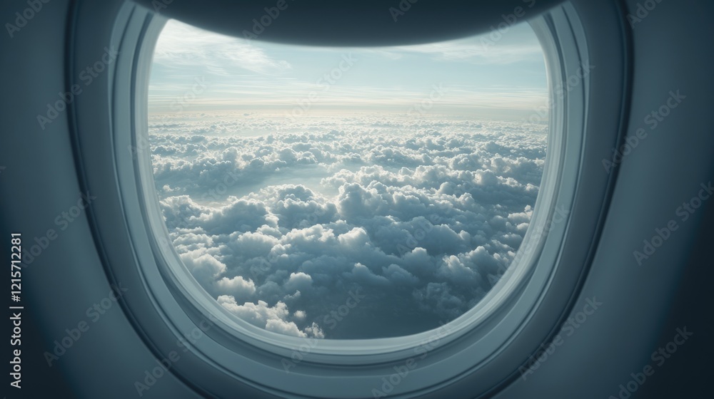 Poster airplane window view of clouds and sky with empty space for text ideal for travel or aviation themed