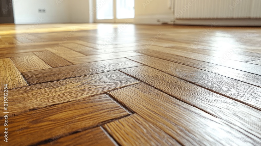 Poster close up of hand installing wood parquet flooring in a room with empty space for text showcasing the
