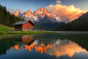 Fototapeta premium Serene Mountain Lake Cabin Sunrise Landscape