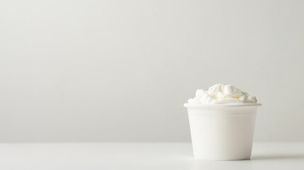 Whipped cream in a white cup on a minimalistic background with ample copy space for text placement