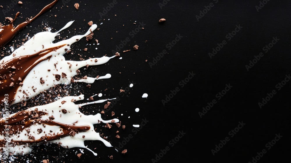Aufkleber chocolate and cream splashes with scattered cocoa pieces on black background with copy space