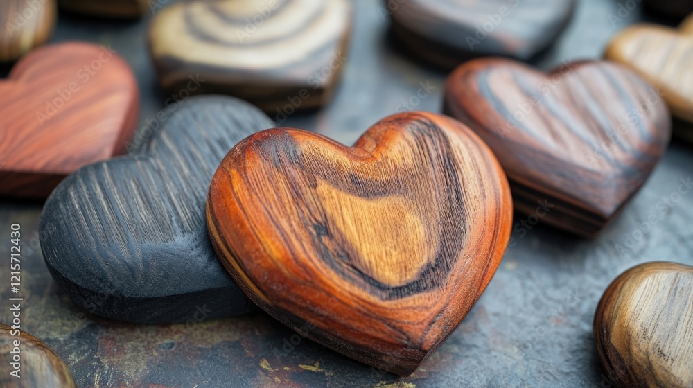 Poster wooden heart-shaped objects in various colors and textures arranged on a textured surface with copy 