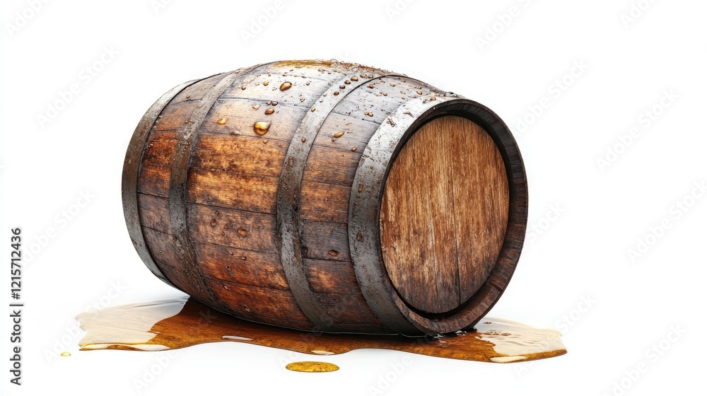 Poster aged bourbon whiskey barrel on its side with liquid spill and empty space for text placement in rust