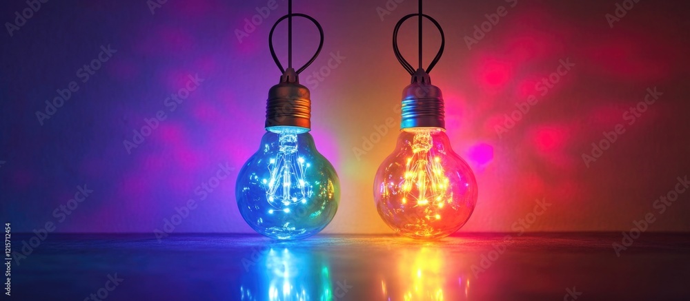 Poster colorful decorative light bulbs with led string lights illuminated against a gradient background wit