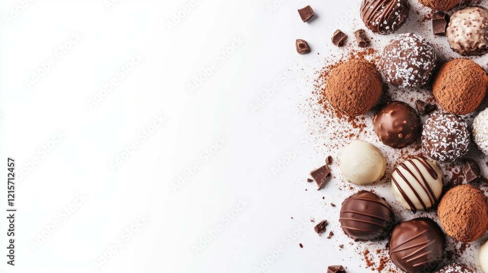 Poster chocolate truffles assortment on white background with copy space for text placement