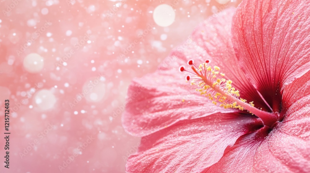 Poster pink hibiscus flower close-up with soft bokeh background and subtle shimmer copy space