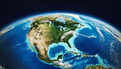 Fototapeta premium view of earth from a spacecraft showcasing north america and surrounding oceans