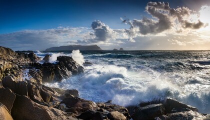 Fototapeta premium rough ocean waves crashing against rocky shore creating dramatic scene