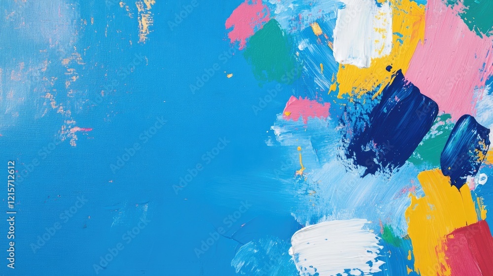 Aufkleber colorful abstract paint texture on blue background with various brush strokes and copy space for tex