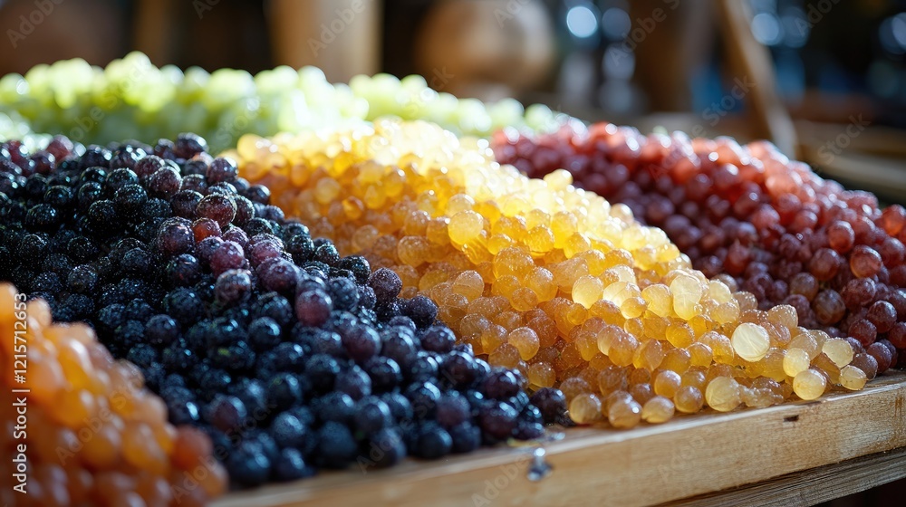 Poster assorted varieties of fresh grapes ready for wine production on display