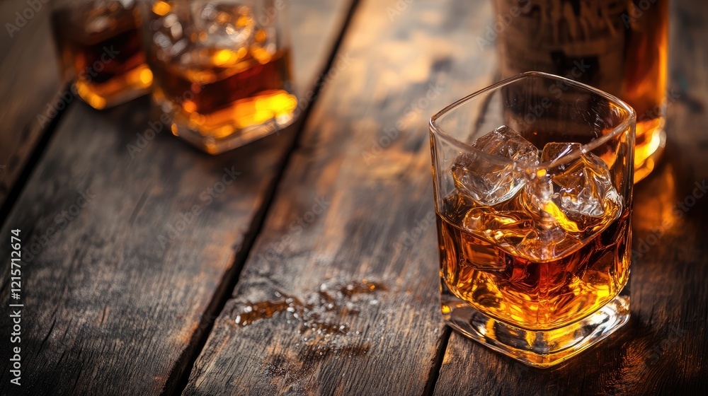 Poster aging rye whiskey in glass with ice on rustic wooden table and empty space for text placement