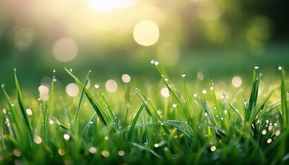 Obraz premium dew kissed green grass with water droplets and soft bokeh background
