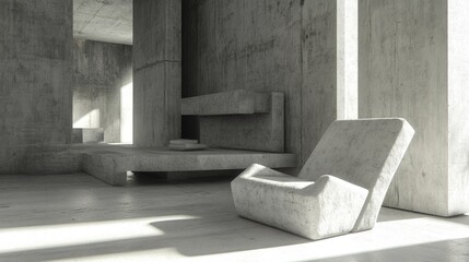 Modern minimalist interior with exposed concrete walls and furniture featuring ample natural light and Copy Space for text placement
