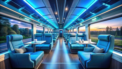 Naklejka premium Bright and Spacious Future Train Interior with Blue Seating for Comfortable Journeys in 2034 and Beyond