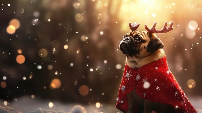 Pug dog wearing reindeer antlers and a red festive cape standing in a snowy landscape with bokeh lights and soft sunlight Copy Space