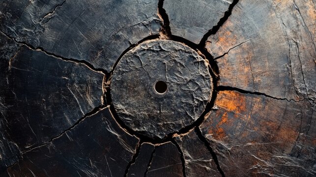 Cracked dark wood surface with concentric circular pattern and central hole providing Copy Space for text placement