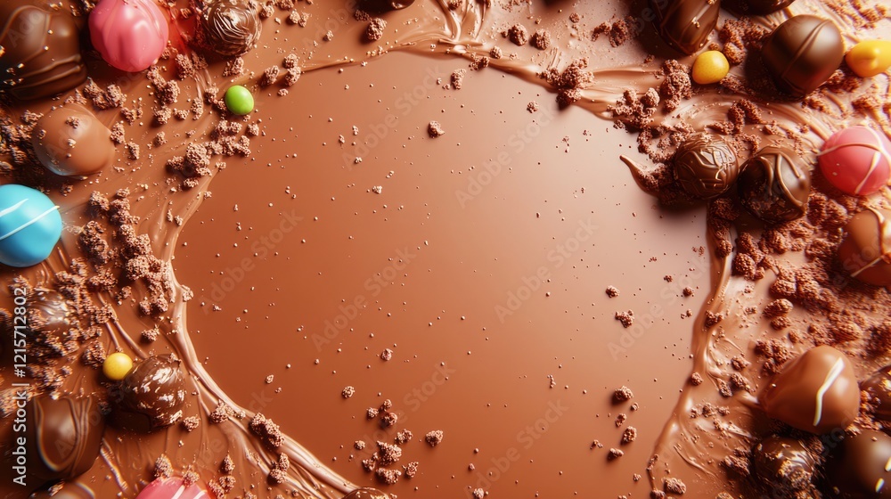 Poster chocolate background with assorted candies and truffles around copy space for text and design elemen
