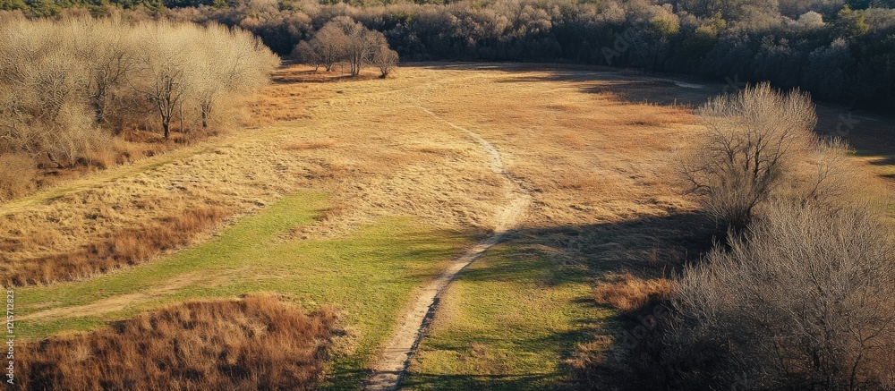 Aufkleber aerial view of a dry riverbed surrounded by sparse trees and grassy patches during daytime with copy
