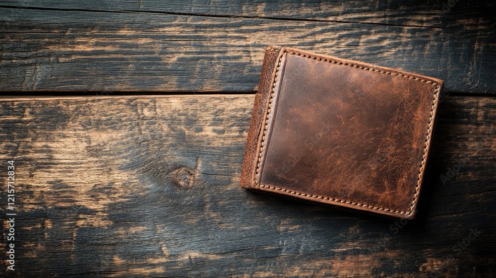 Aufkleber aged leather wallet on rustic wooden table with blank space for text or branding in a vintage and el