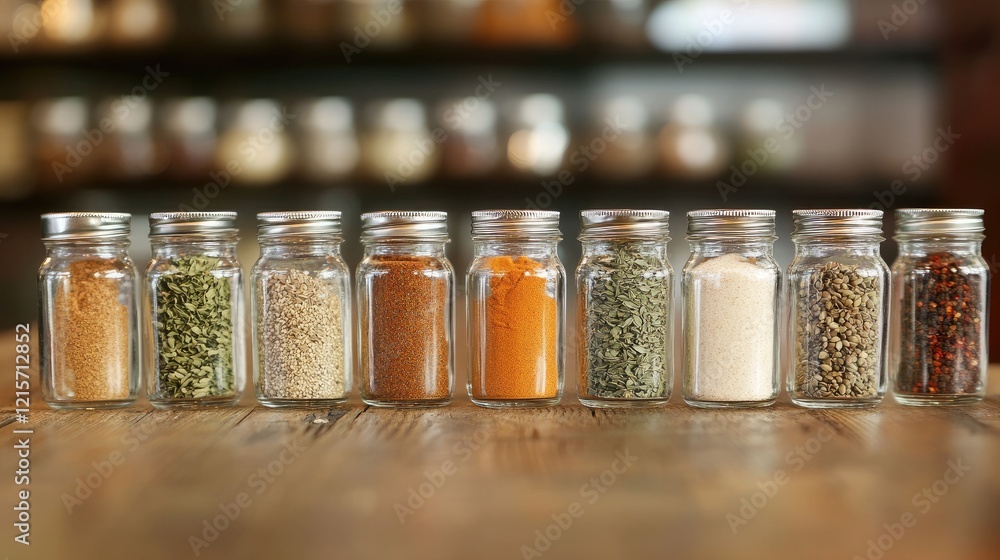 Poster assorted spices in glass jars arranged neatly on a rustic wooden table showcasing vibrant colors and