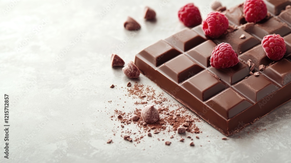 Poster chocolate bar with raspberries and cocoa crumbs on a light background with copy space