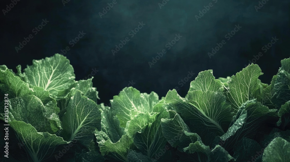 Poster fresh green cabbage leaves with textured details against a dark background featuring copy space for 
