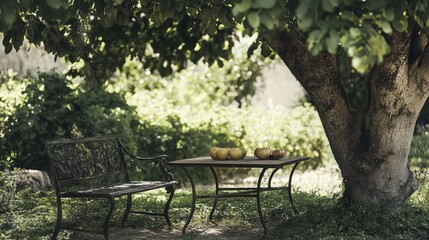 Naklejka premium Rustic metal bench and table under a tree in serene garden setting with empty space for text or branding placement