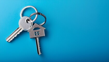 a silver key to a house attached to a keychain is shown against a blue background empty space for copying onto the keychain represents the idea of buying a new house and the real estate property