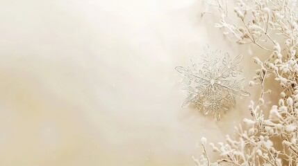 Elegant snowflake decoration on beige background with frosted branches.