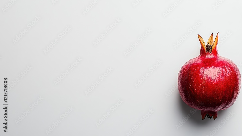 Poster fresh red pomegranate on a clean white background with ample copy space for text placement