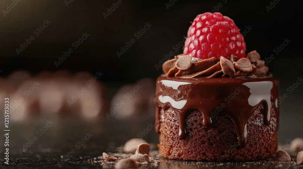 Poster chocolate cake with raspberry and chocolate shavings on top isolated on dark background copy space
