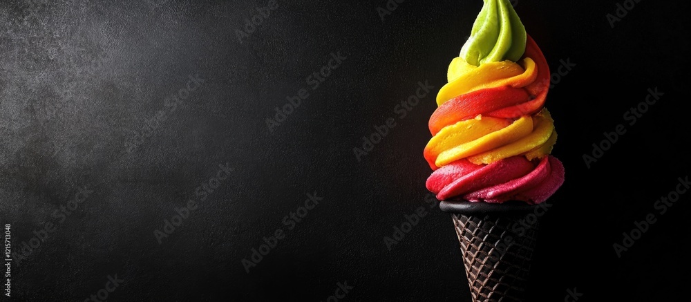 Poster colorful soft serve ice cream in a waffle cone on a dark background with copy space for text placeme
