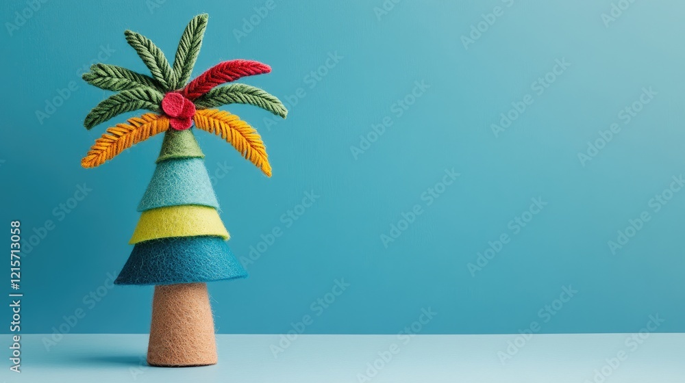 Poster colorful felt tree with layered leaves and a textured base against a blue background with ample copy