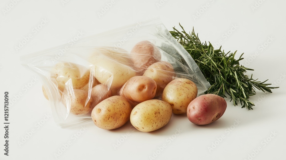 Poster assorted colorful potatoes with fresh herbs in a transparent bag on a light background showcasing he