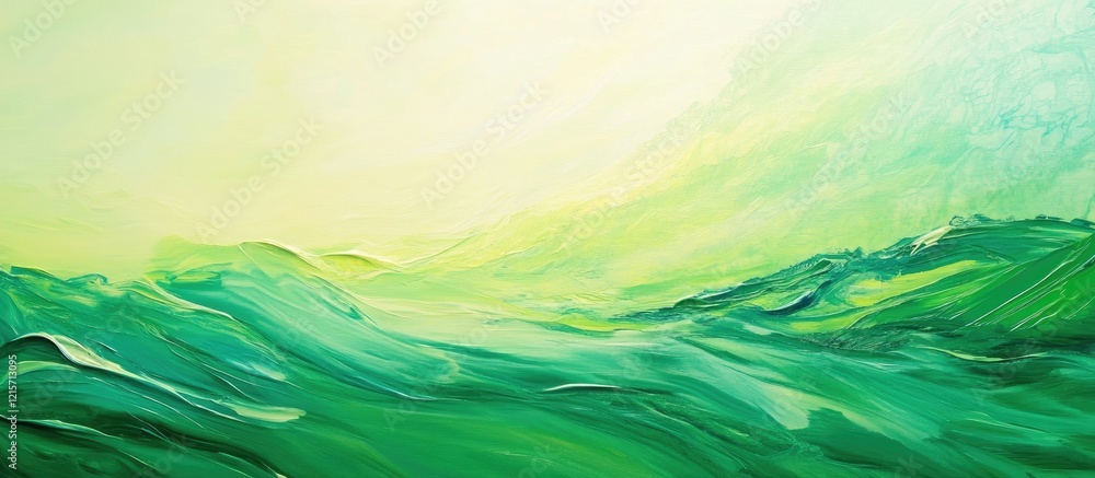 Poster abstract green ocean waves with a soft gradient sky and ample copy space for text placement.