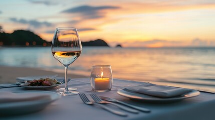 Romantic beach dinner setting at sunset with wine glass, candles, and elegant table for a honeymoon experience by the ocean